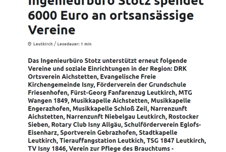 Ingenieurbüro Stotz spendet 6000 Euro an ortsansässige Vereine